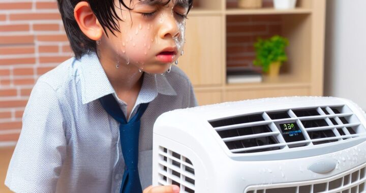 young boy tring to fix a portable ac (AI generated)